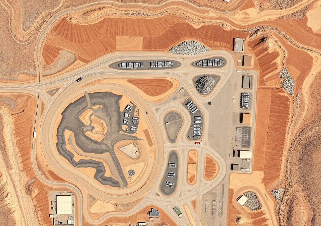 Aerial orthomosaic map of an aggregates site showing haul roads and stockpiles