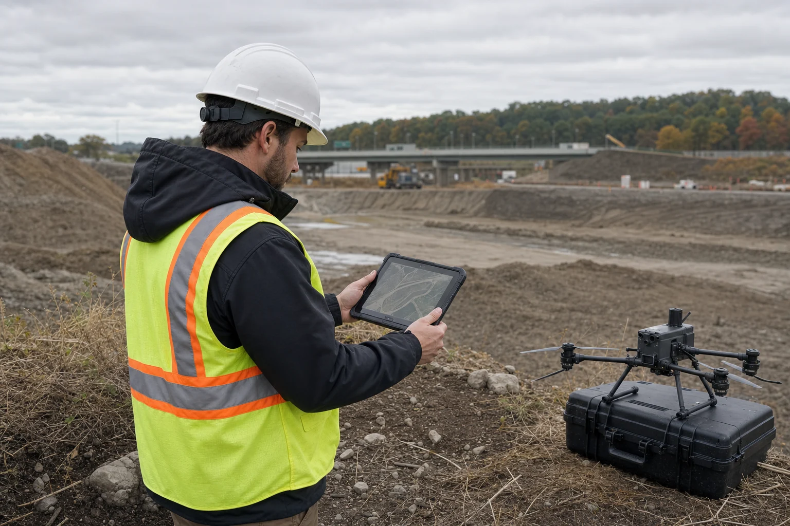 UAV field operator reviewing aerial site data
