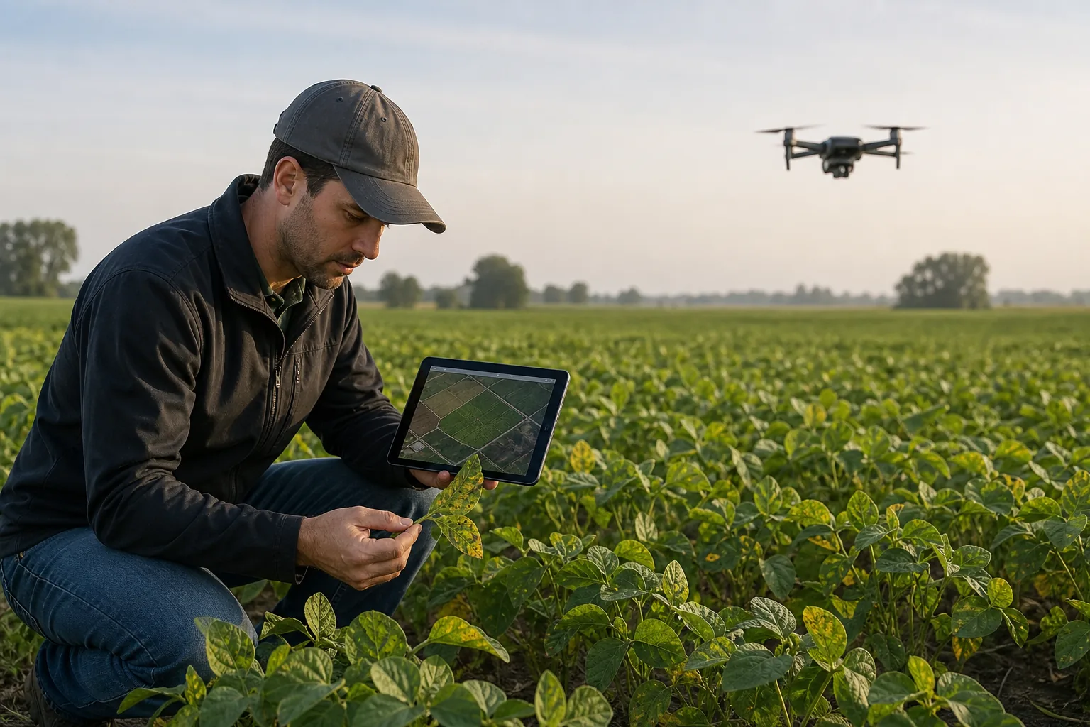 Agronomist reviewing drone data while scouting a crop field