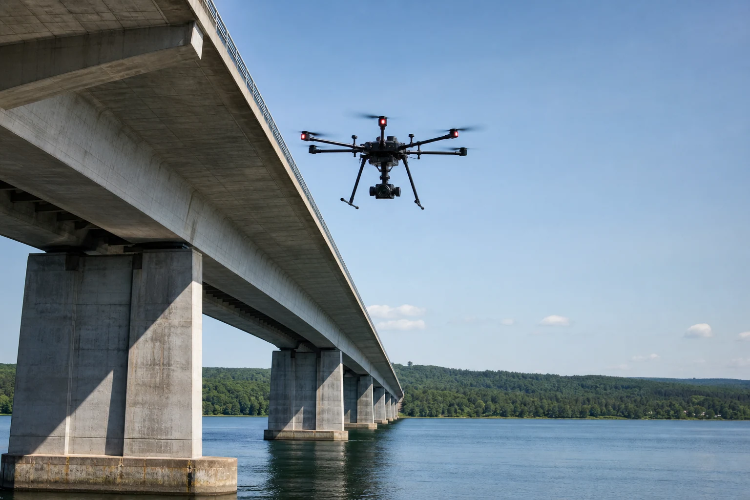 Close-range UAV inspection beneath a concrete bridge