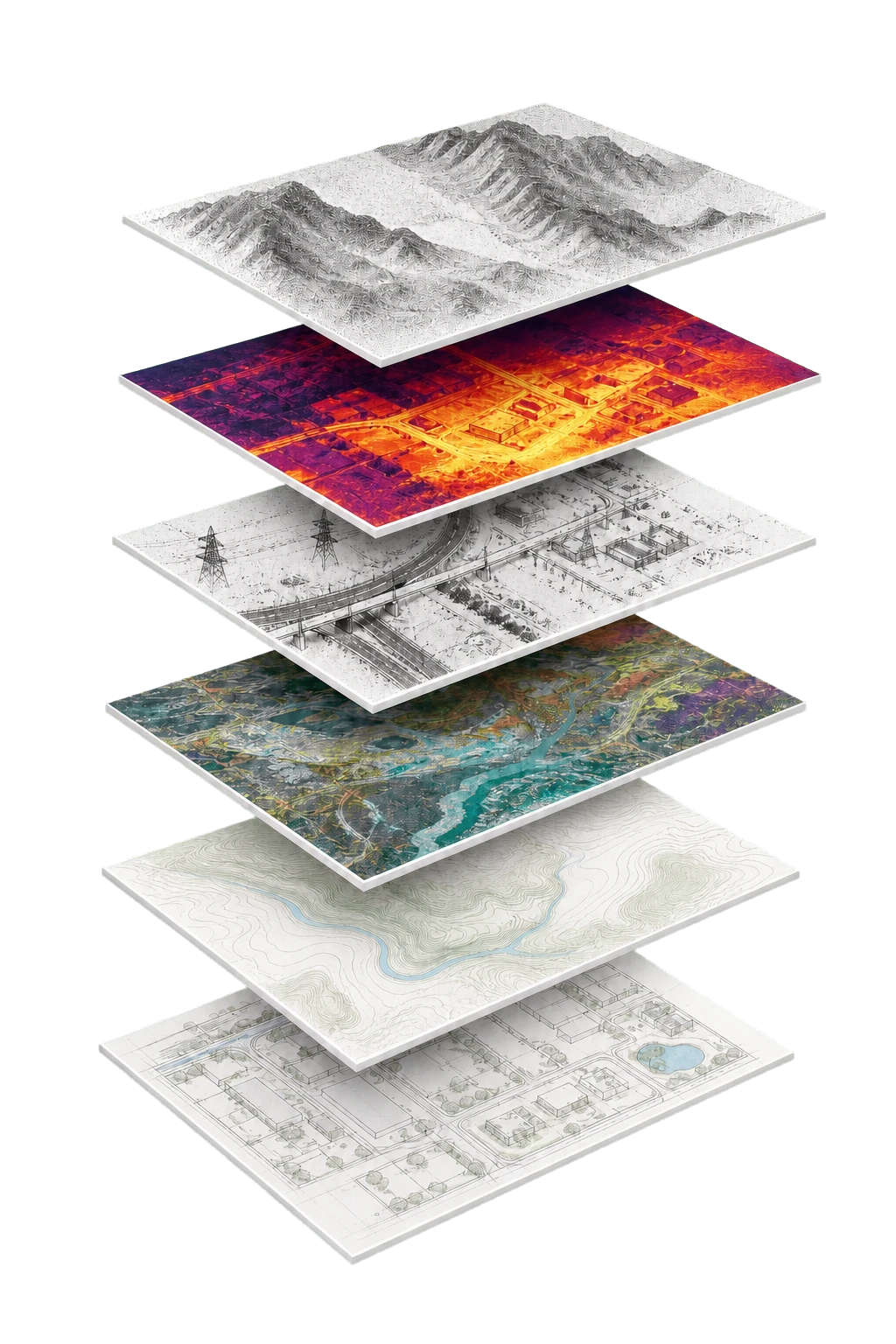 Exploded stack of LiDAR, thermal, hyperspectral, topographic, and survey data layers